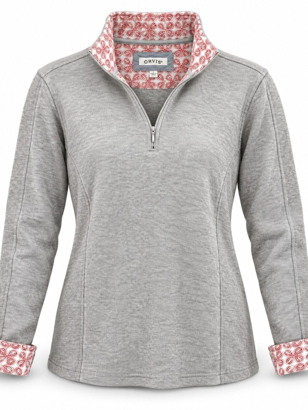 Orvis Gray Quarter Zip Pullover L Floral Cuff Preppy Cottage Outdoor